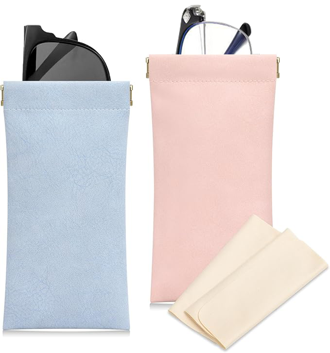 Sightor Sunglass Case, 2 Pcs Soft Eyeglass Cases for Women Portable Squeeze Top Leather Glasses Pouch