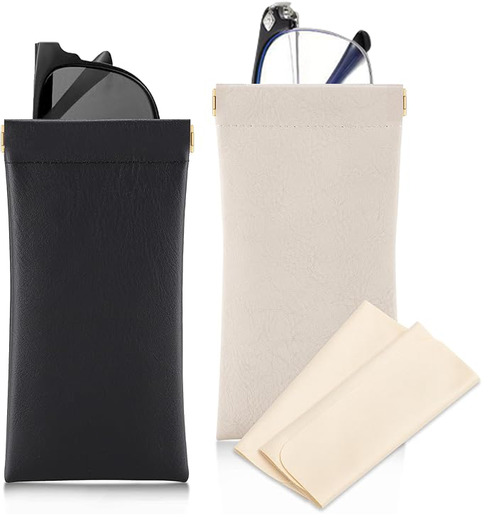 Sightor Sunglass Case, 2 Pcs Soft Eyeglass Cases for Women Portable Squeeze Top Leather Glasses Pouch