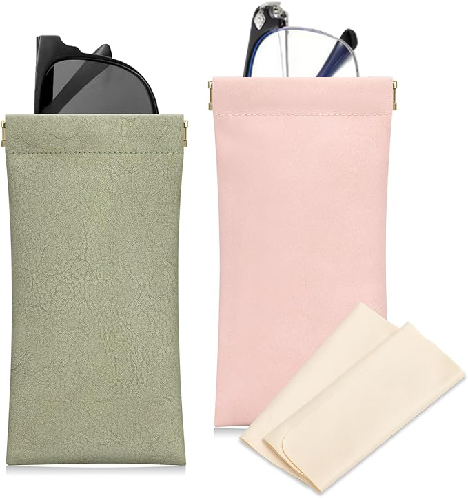 Sightor Sunglass Case, 2 Pcs Soft Eyeglass Cases for Women Portable Squeeze Top Leather Glasses Pouch