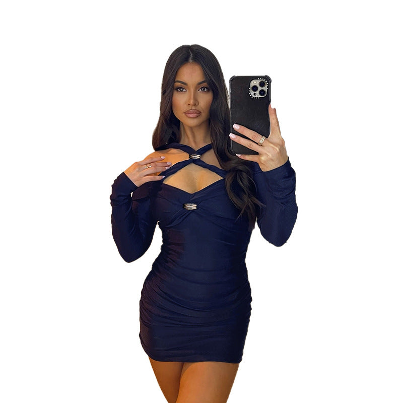 Slim fit inner cross twisted long sleeved dress